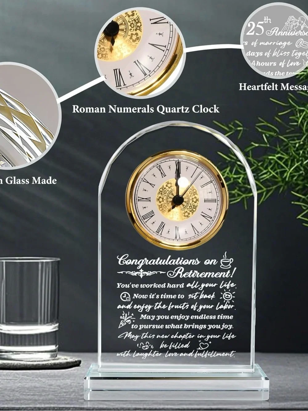 Crystal Happy Retirement Glass Clock Plaque - Clear